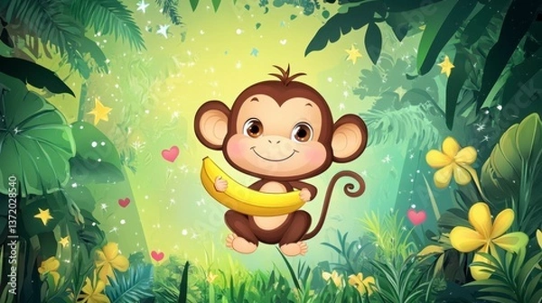 Obraz Cute Cartoon Monkey Holding Banana in Lush Jungle Background
