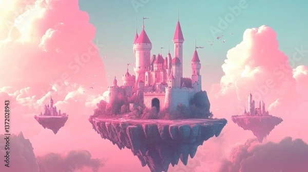 Obraz Floating Fantasy Castle in Pink and Blue Cloudy Sky Landscape