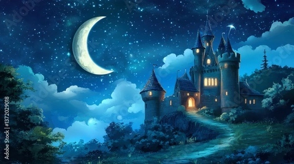 Obraz Enchanted castle under a starry night sky with crescent moon