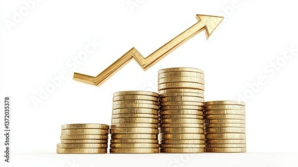 Fototapeta Gold Coins Stacked with Graph Arrow Signifying Financial Growth