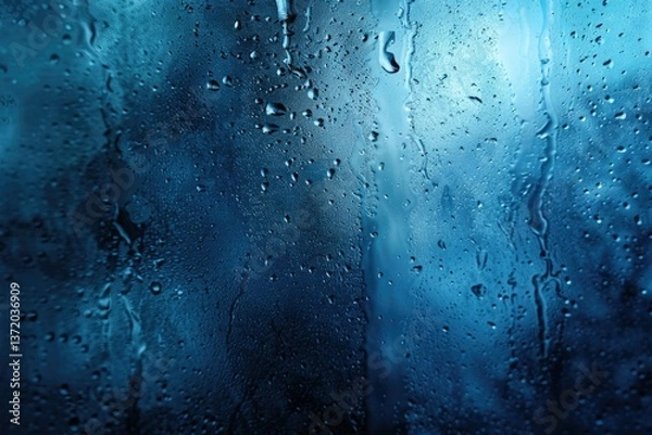 Fototapeta Flawless Visual of a Blue Glass Window with Water Drops on it