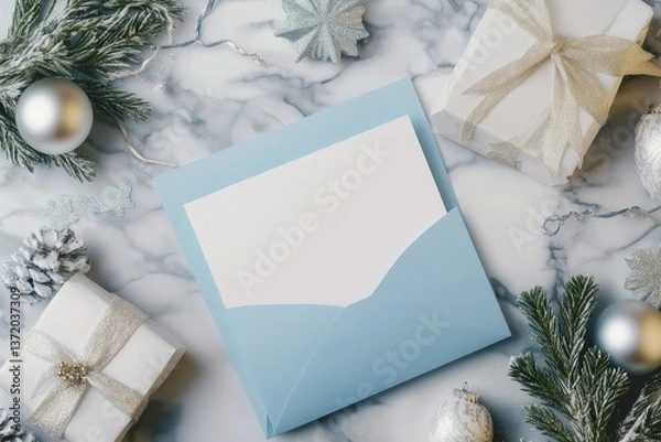 Fototapeta Detailed Visual  of Composition with Template, Wedding Ornaments and Blue Envelope