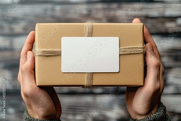 Fototapeta Mans Hands Holding a Kraft Gift Box with White Label for Ecommerce or Small Business