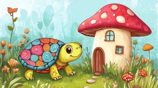 Obraz Whimsical Turtle with Colorful Shell Near Mushroom House