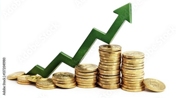 Fototapeta Growth in Finance Concept with Stacks of Coins and Arrow Rising