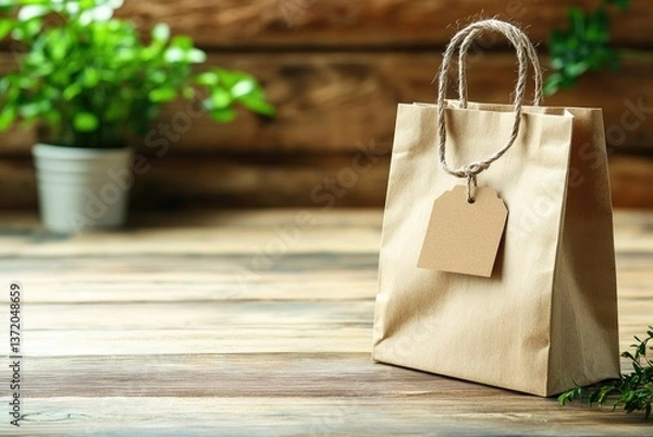 Fototapeta High Resolution Picture of Mockup Craft Paper Shopping Bag with Tag on Vintage Wooden Table