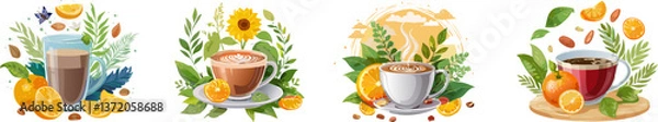Obraz A Colorful Beverage Collection: An artistic assortment of coffee and tea beverages, each framed by decorative arrangements of fruits and foliage.  
