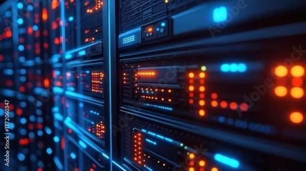 Obraz server room infrastructure with glowing led lights symbolizing data processing in information technology modern data center and connectivity