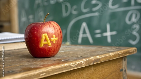 Fototapeta A Plus Red Apple on Old Wooden Desk in Front of Green Chalkboard with Math Equations