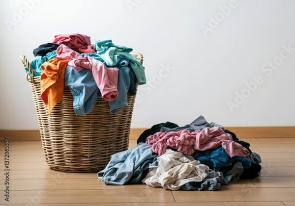 Fototapeta Laundry basket overflowing with colorful clothes and a pile on the floor