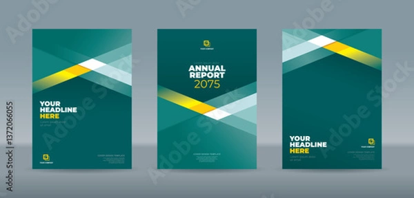 Fototapeta Stylish and editable book cover template featuring green, yellow,, and white geometric designs. A4 size book cover template for annual report, magazine, booklet, proposal, portfolio, brochure, poster