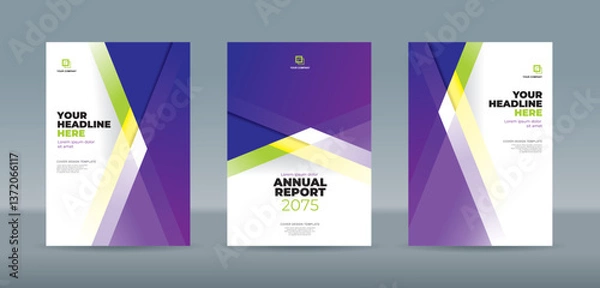 Fototapeta Stylish and editable book cover template featuring purple, green, yellow, and white geometric designs. A4 size book cover template for annual report, magazine, booklet, proposal, brochure, poster