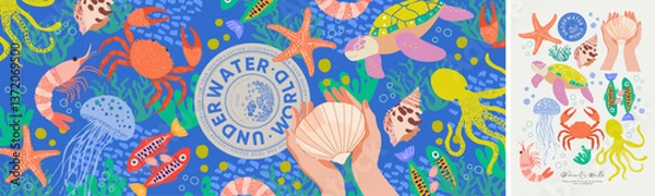 Obraz Underwater world. Vector modern abstract illustration of summer, sea, ocean, shell, turtle, crab, jellyfish, fish, shrimp, octopus, starfish, seaweed for banner, card or background