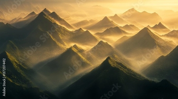 Fototapeta A stunning landscape photograph of the Wuling mountains in Guizhou, China, showcasing their unique peak formations and lush greenery under the golden rays of sunrise