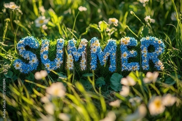 Obraz Summer text made from blue flowers surrounded by green grass and small yellow blooms in sunny outdoor garden setting