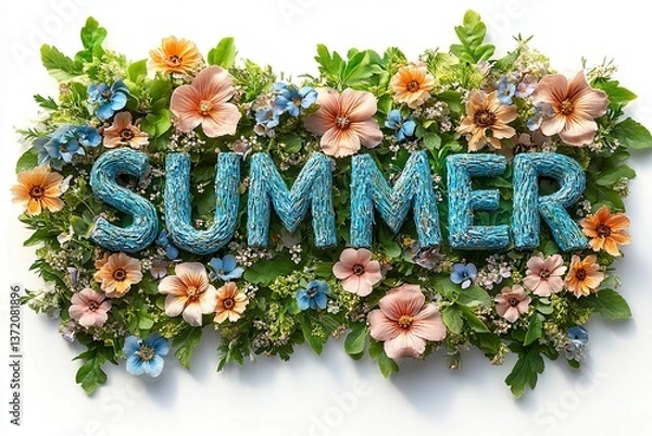 Obraz Summer text made from blue flowers surrounded by colorful orange, pink and yellow blooms with green leaves on white background