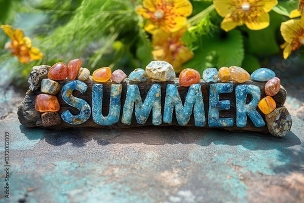 Obraz Summer text made from blue letters decorated with orange and yellow flowers against textured turquoise background