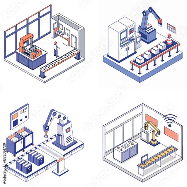 Fototapeta Realistic Isometric 3D Smart Factory with Advanced Robotics and Automation