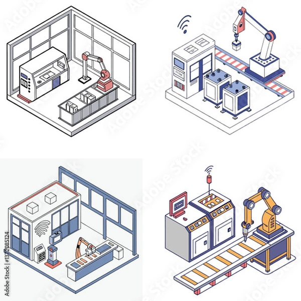 Fototapeta Realistic Isometric 3D Smart Factory with Advanced Robotics and Automation