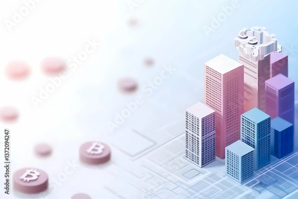 Fototapeta Isometric Bitcoin Growth Chart with Abstract Geometric Elements in Pastel Tones