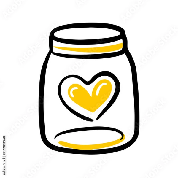 Fototapeta hand-drawn style clear jar with yellow lid and yellow heart symbol on it,outlined in black,isolated on white background for love-themed blogs,donation campaigns,and heartfelt gift illustrations
