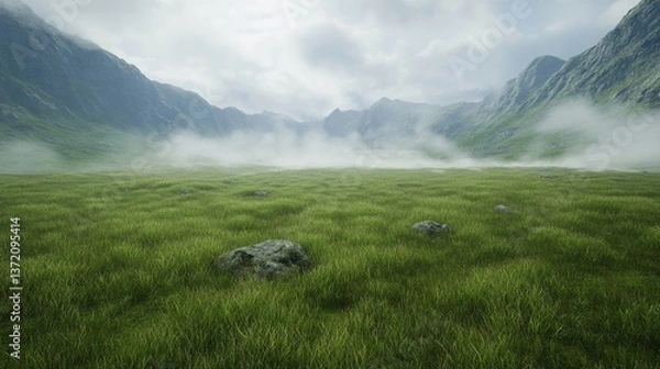 Fototapeta A vast, open grassy plain with soft rolling hills and patches of rocky terrain