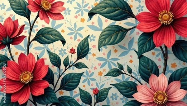 Fototapeta Abstract floral motif on damask background, perfect for upholstery, decor, texture, surface