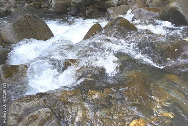 Obraz 兵庫県・千草川上流のなごり雪溶け水量が増える	