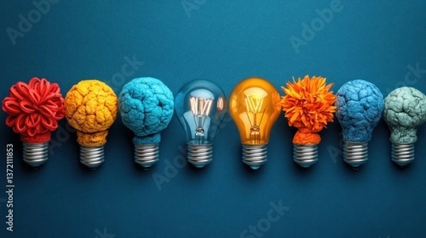 Fototapeta Colorful lightbulbs with textures on blue background, one lit, showing diverse ideas