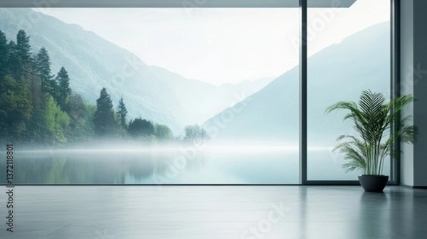 Fototapeta tranquil beautiful nature, cyan mountains and lake in foggy Spring morning, zen-like, soft lighting, minimalist style, cinematic style 