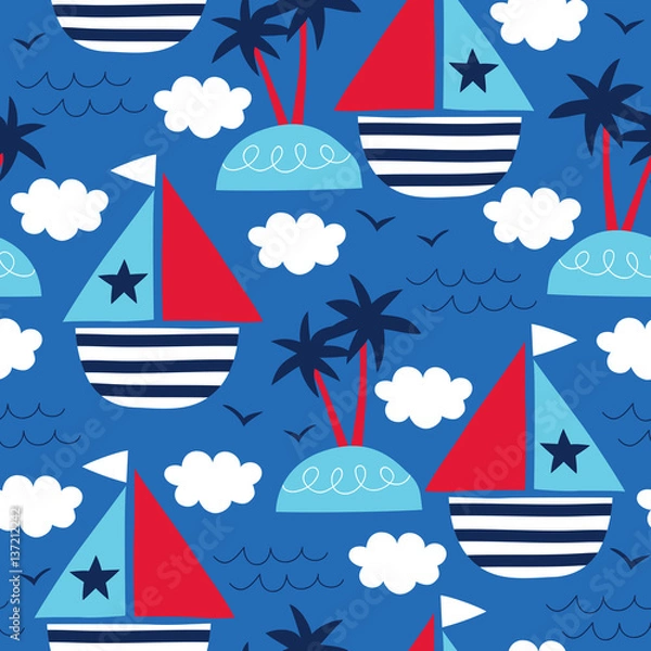 Obraz seamless sea and sailing ships pattern vector illustration