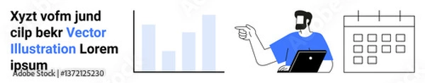 Fototapeta Man pointing at data chart with laptop, bar graph, and calendar. Ideal for analytics, planning, productivity, meetings, organization, strategy education flat landing page banner