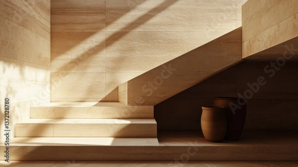 Fototapeta A cinematic shot of sculptural staircase design, clean angles and soft curves in neutral sandstone tones, handcrafted pottery in the corner