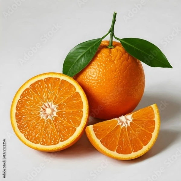 Fototapeta Vibrant Citrus Still Life: Two Whole Oranges and a Juicy Half Vibrant Citrus Still Life: Two Whole Oranges and a Juicy Half Displaying Bright Orange Flesh, White Pith, Fresh Green Leaves.