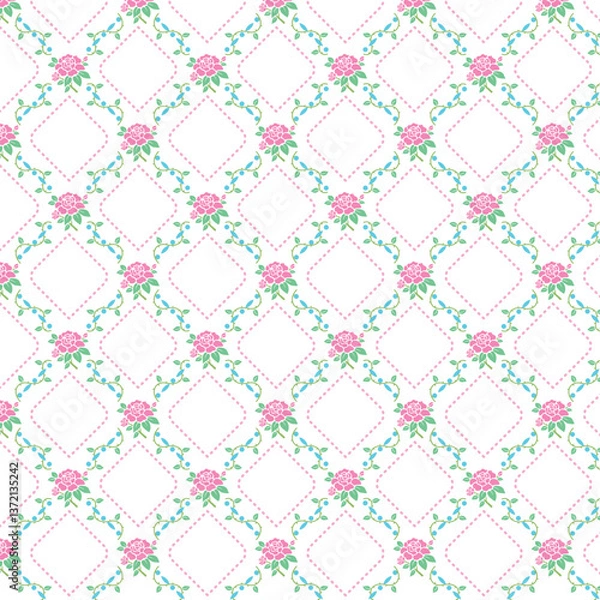Fototapeta A seamless floral pattern featuring pink roses and green vines arranged in an elegant diamond lattice design.