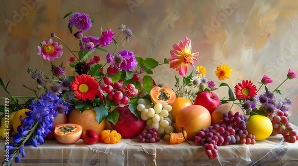 Fototapeta A still life composition of ripe fruits and colorful flowers arranged artfully on a table, celebrating the aesthetic beauty of everyday objects and natural elements.