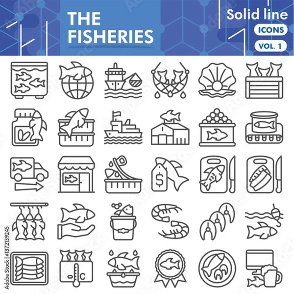 Fototapeta Fisheries symbols collection or sketches. seafood theme icons in line style signs for web and app. Vector graphics isolated on white background.