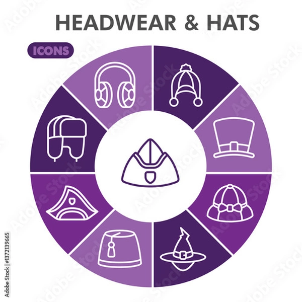 Fototapeta Headwear symbols collection or sketches. hats theme icons in line style signs for web and app. Vector graphics isolated on white background.