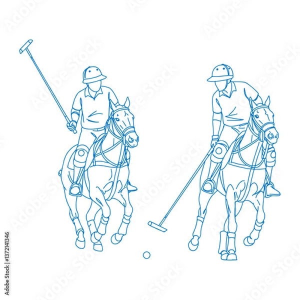 Obraz Two Competitive Polo Players in Motion Vintage Line Art Vector Illustration