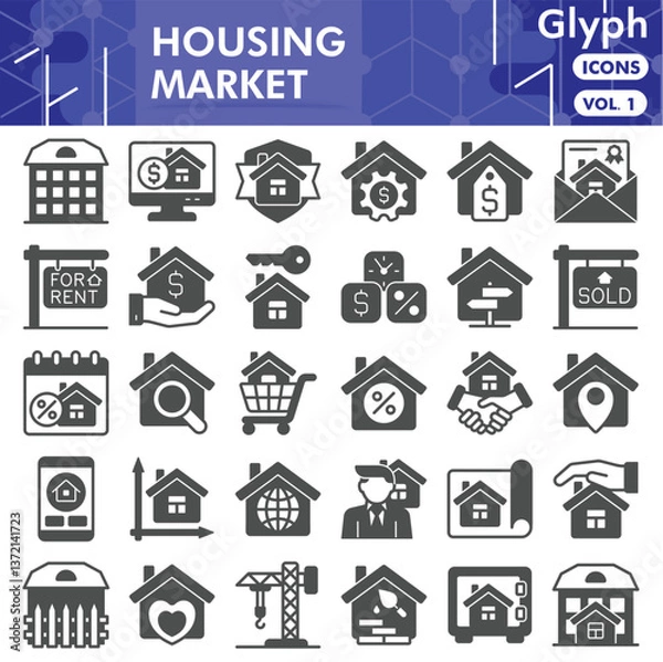 Fototapeta Housing market symbols collection or sketches. real estate theme icons in glyph style signs for web and app. Vector graphics isolated on white background.