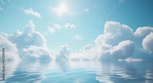 Fototapeta Light blue sky with white clouds, a calm water surface, a blurred background, a clean and dreamy aesthetic, a light color theme, bright and soft lighting, a close-up of the water surface, 3D modeling,