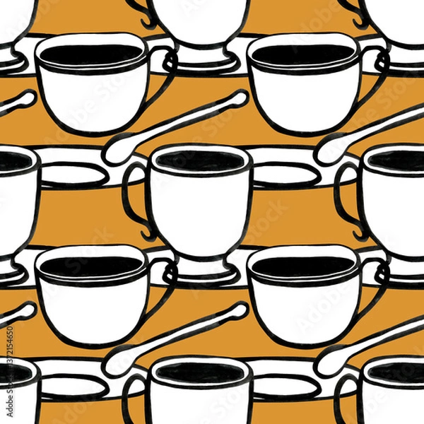 Fototapeta Elegant simple seamless pattern with coffee cups on grey background, watercolor illustration for different purposes.