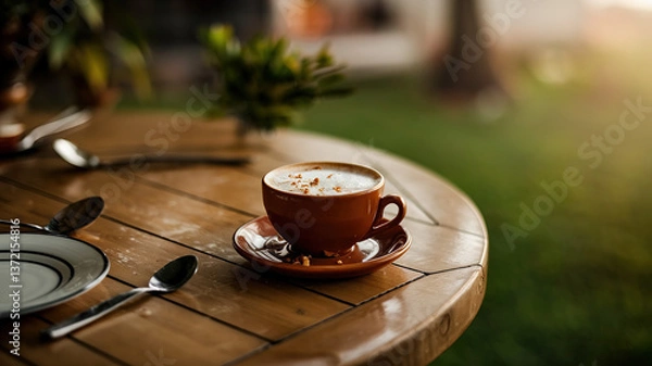 Obraz Coffee cup on a wooden table, radiating warmth and simplicity, evoking a sense of calm and morning serenity.