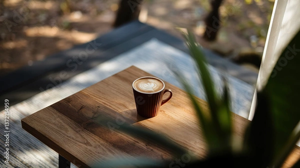 Obraz Coffee cup on a wooden table, radiating warmth and simplicity, evoking a sense of calm and morning serenity.