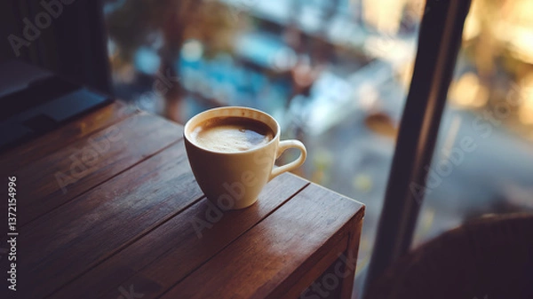 Obraz Coffee cup on a wooden table, radiating warmth and simplicity, evoking a sense of calm and morning serenity.
