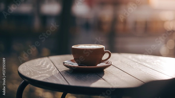Obraz Coffee cup on a wooden table, radiating warmth and simplicity, evoking a sense of calm and morning serenity.