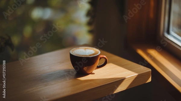 Obraz Coffee cup on a wooden table, radiating warmth and simplicity, evoking a sense of calm and morning serenity.