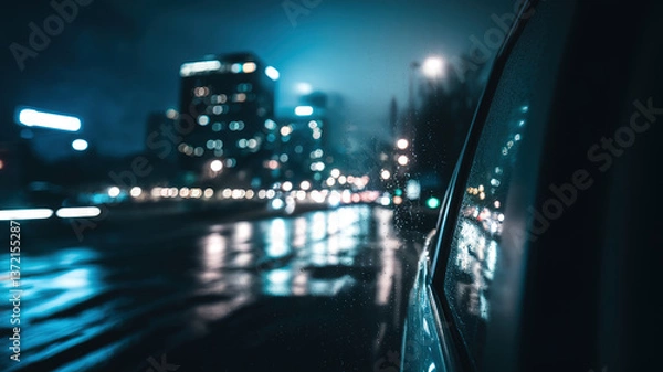 Obraz Nighttime cityscape through a car window, blurred lights and reflections, evoking a sense of urban solitude and quiet introspection.