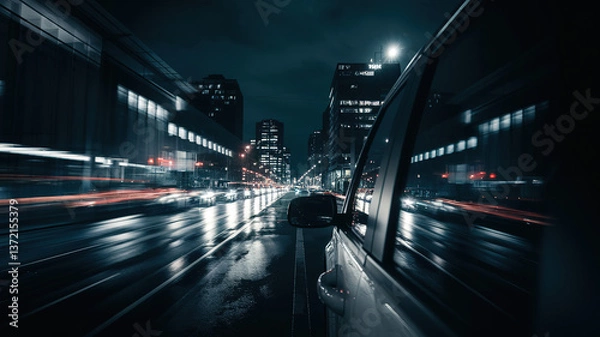 Obraz Nighttime cityscape through a car window, blurred lights and reflections, evoking a sense of urban solitude and quiet introspection.