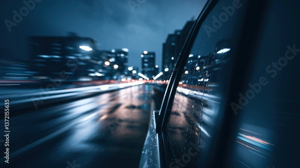 Obraz Nighttime cityscape through a car window, blurred lights and reflections, evoking a sense of urban solitude and quiet introspection.
